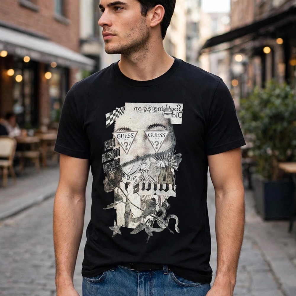 GUESS Los Angeles‎ Graphic T-Shirt All Night Long Black Medium Tee